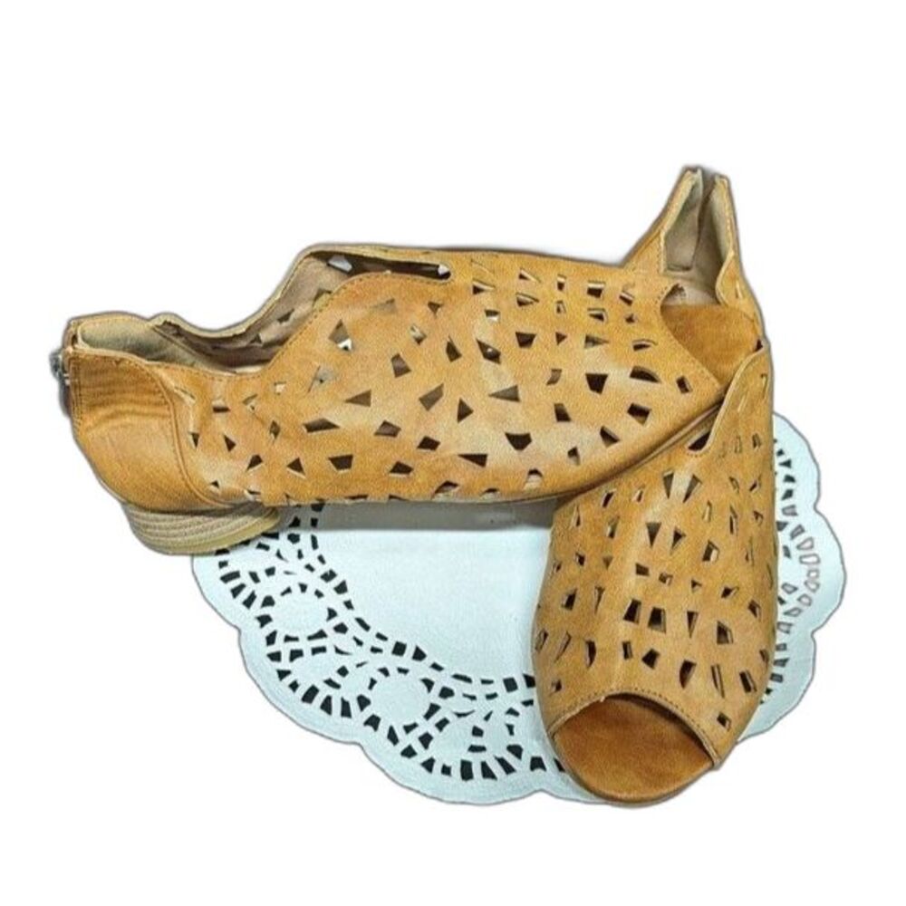 Boho Western Chic Brown Laser Cut Out Leather Open Toe Bootie Flyfor‎ Size 38